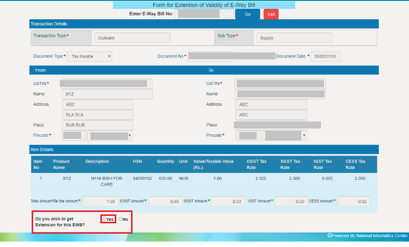 CaptainBiz: Form For Extension of Validity of E-Way Bill