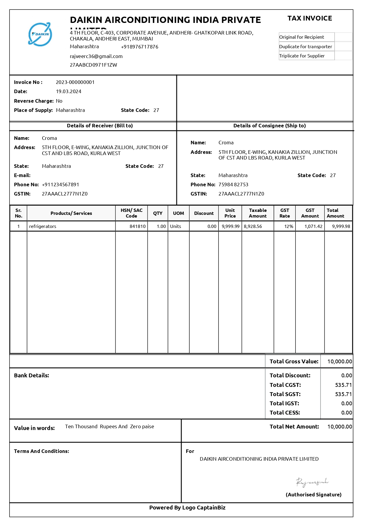 CaptainBiz: tax Invoice