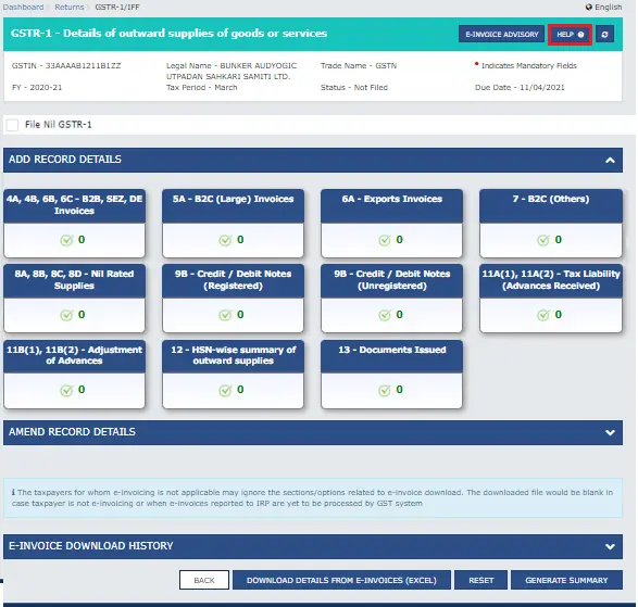 CaptainBiz: gstr-1 - details of outward supplies of goods or services