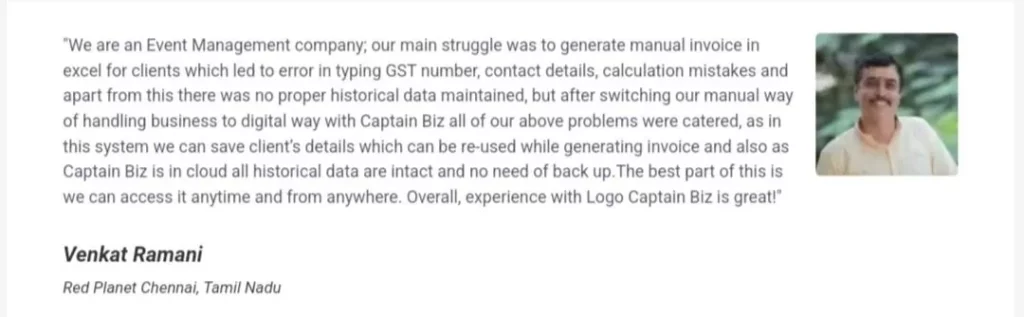 CaptainBiz: review by Venkat Ramani on captainbiz gst software